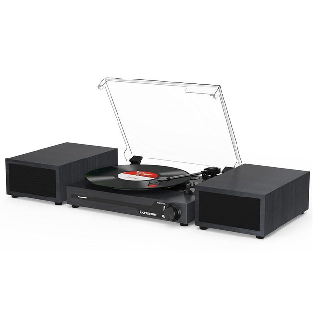 Vinyl Record Player with Speakers,Bluetooth Portable Turntable for Vinyl Records,Phonograph LP Player with 3 Speed USB RCA in Vintage Black