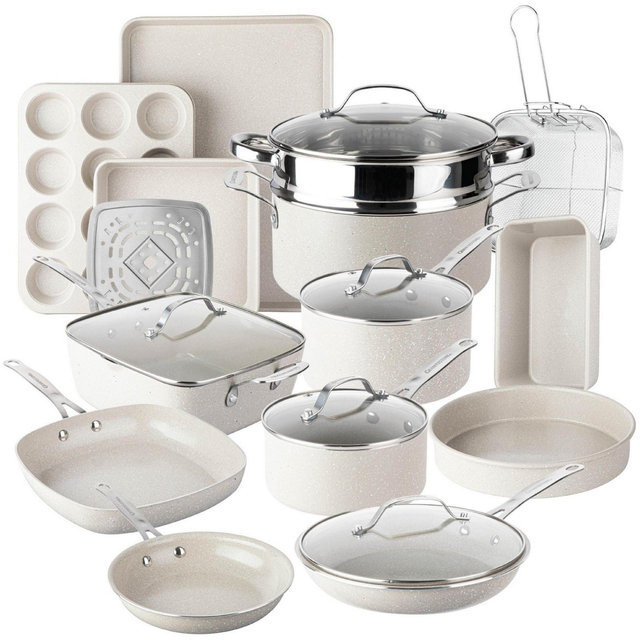 Granitestone Ceraluxe Pots and Pans Set 20 Pc Beige Ceramic Nonstick Cookware and Bakeware Set