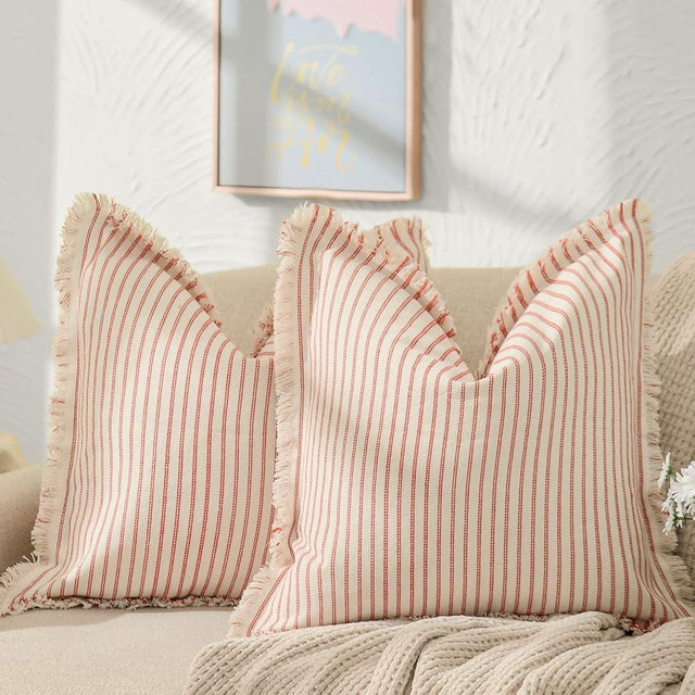 ZWJD Throw Christmas Pillow Covers 20x20 Set of 2 Striped Pillow Covers with Fringe Chic Cotton Decorative Pillows Square Cushion Covers for Sofa Couch Bed Living Room Farmhouse Decor