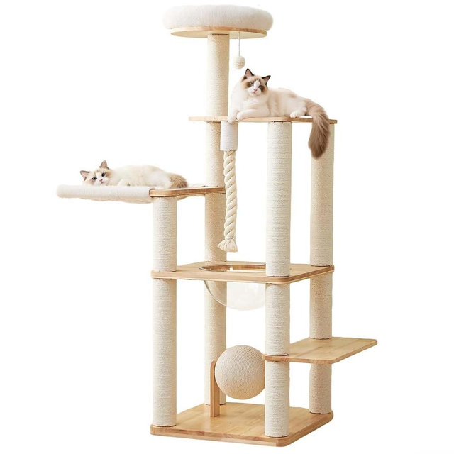 60-inch Modern Cat Tree,Solid Wood Cat Tower with Scratching Post, Hammock, Cotton Nest, Space Capsule, Cat Scratching Ball and Rope for Indoor Cats