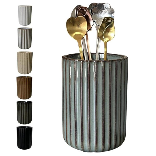 Stoneware Coffee Bar Utensil Holder Tea & Coffee Spoon & Stirrer Holder for Stir Stick Straw Teaspoon Holder Spoon Cup Small Utensil Jar Fluted Vertical Stripe (Retro Grey)