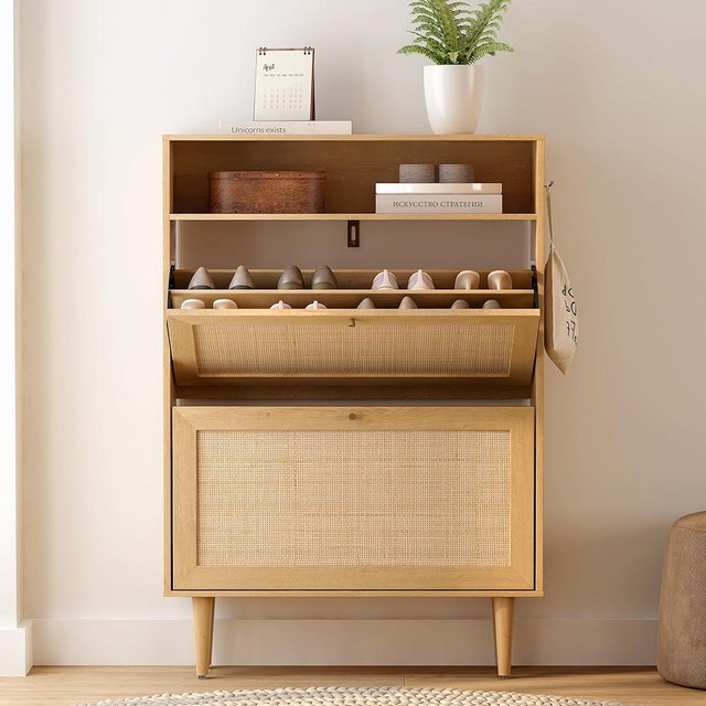 EYYTHUNG Rattan Shoe Cabinet with 2 Flip Drawers, Modern Slim Shoe Storage Organizer with Open Compartment & Hanging Rod, Farmhouse Hidden Narrow Shoe Rack Cabinet for Entryway, Natural Oak