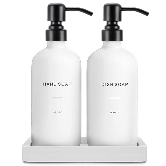 Prus Waso Kitchen Soap Dispenser Set, Contains Dish Soap Dispenser and Hand Soap Dispenser. White Soap Dispenser with Black Stainless Steel Pump, Perfect for Modern Kitchen Decor. (White)