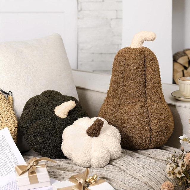 Beeveer 3 Pcs Fall Thanksgiving Pumpkin Pillows Sherpa Plush Stuffed Pumpkin Throw Pillows Soft Autumn Cushion Neutral Cozy Thanksgiving Decor for Home Bedroom Sofa Couch Living Room(Classic Color)