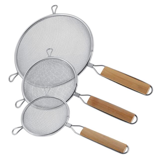 U.S. Kitchen Supply - Set of 3 Premium Quality-Double Mesh Extra Fine Stainless Steel Strainers with Comfortable Wooden Handles, 4, 5.5 and 8 Sizes