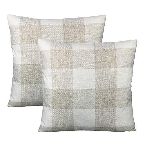 VAKADO Farmhouse Buffalo Plaids Decorative Throw Pillow Covers Retro Rustic Checkers Cotton Linen Square Cushion Cases Home Decor Outdoor for Sofa Couch Patio 18x18 Set of 2, Beige Cream White