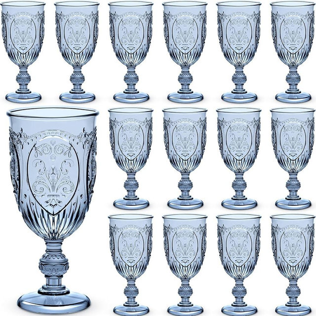 Wiwiqing 24 Pcs Plastic Goblets 7.5oz Vintage Goblet Plastic Wine Glasses Colored Retro Embossed Water Goblets for Wine Bar Juice Baby Shower Wedding Reception Grand Event Party (Blue)