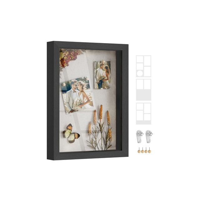 SONGMICS Shadow Box Frame, 1.3-Inch Deep Memory Display Case for Desk Wall Decor, Box Picture Photo Frame2 Non-Trace Nails Ash Black