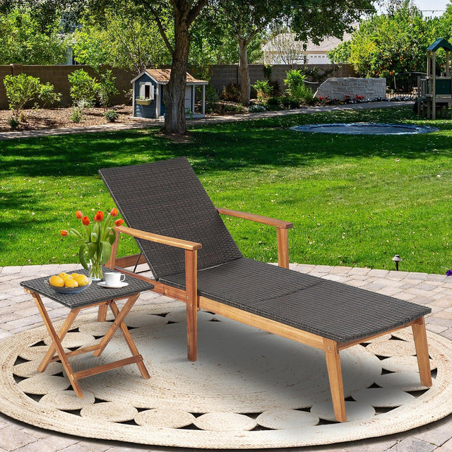 Costway 2PCS Patio Rattan Lounge Chair Chaise Recliner Wood Back Adjust W/Folding Table