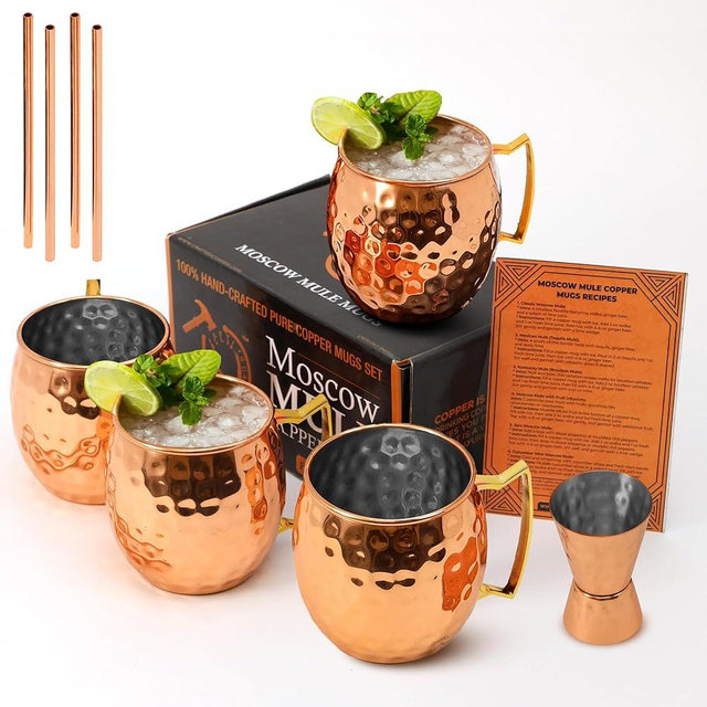 Moscow Mule Cups Set of 4 | 100% Pure Copper Plated 16 OZ Hammered Copper Cups with 304 Stainless Steel Lining and Brass Handles with 4X Straws and 1x Jigger For Cold Drinks, Beer, Wine, Bars, Parties