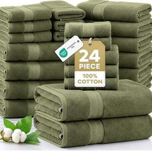 LANE LINEN Cotton Towels for Bathroom - 24 PCs - Highly Absorbent, Durable & Soft - 4 Bath, 4 Fingertip, 6 Hand Towels, 8 Washcloths, 2 Bath Sheets - Family Bundle Pack - Oil Green
