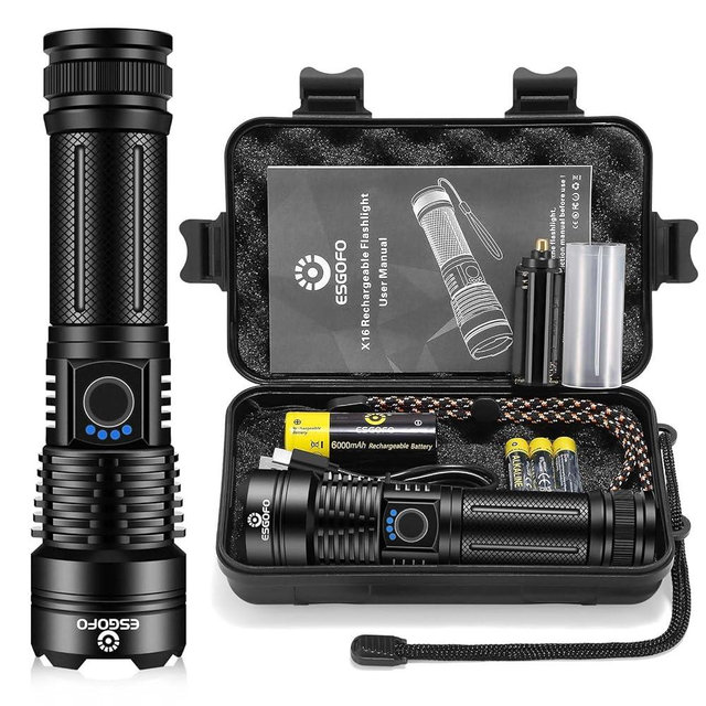 Esgofo Flashlights High Lumens 10000 Rechargeable, Super Bright Handheld LED Flash Light, Powerful Emergency Linternas, Waterproof, Long Lasting, for Hiking Camping Gift