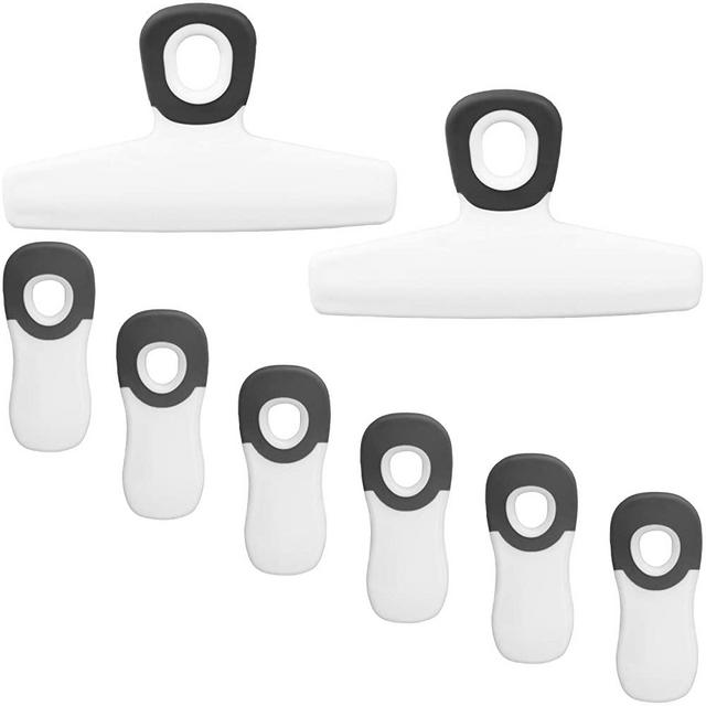 Cook with Color Set of Eight Bag Clips, 2 Large Heavy Duty Chip Clips and 6 Refrigerator Magnet Clips for Food Storage with Air Tight Seal Grip for Snack Bags and Food Bags (White)