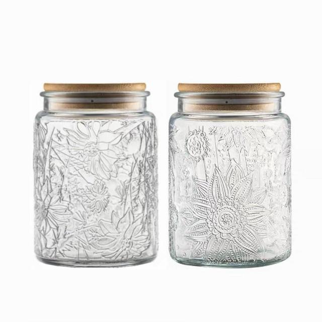 ANSQU Set of 2 Vintage Glass Jars, 23.7 FL OZ Candy Jars with Lids, Sugar Container Mason Jars for Home Kitchen Pantry, Cute Jar (Daisy & Sunflower)