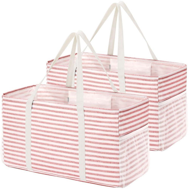 Lifewit Extra Large Tote Bag, Reusable Grocery Bags with Metal Wire Frame and Handles, Standing Utility Foldable Shopping Bags for Storage, Picnics, Beach, Pool, Laundry, Car, Camping, 2 Pack 46L Pink