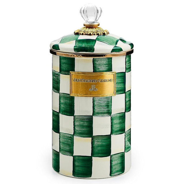 MACKENZIE-CHILDS Large Enamel Canister, Kitchen Storage Container with Lid, Green-and-White Emerald Check