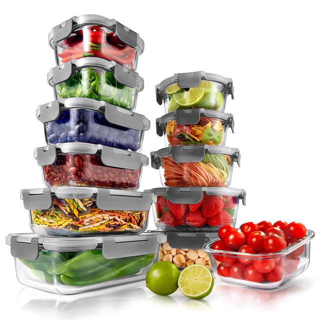 Superior Glass Food Storage Containers - 24-Piece Stackable Glass Meal-prep Containers w/ Newly Innovated Hinged BPA-Free 100% Leakproof Locking Lids - Freezer-to-Oven-Safe - NutriChef NCGLGY (Gray)