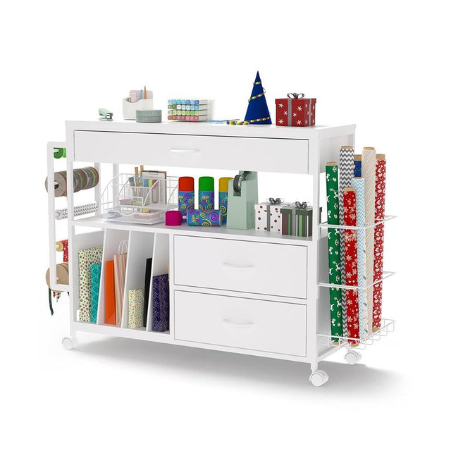 Anrigeail Christmas Wrapping Paper Storage & Organizer, Craft Cart with Ribbon & Gift Bag Storage, Wrapping Paper Organizer Holder(3 Wooden Drawers-White)