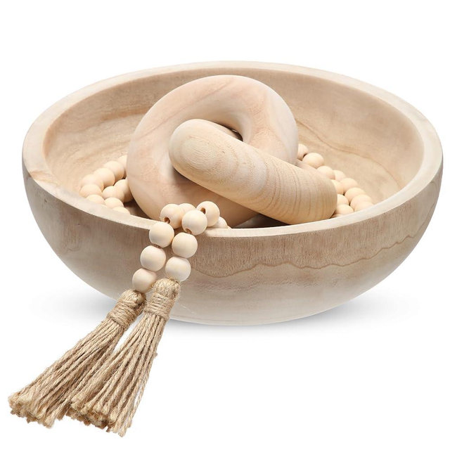 Novabright Farmhouse Wooden Decoration Set, Wooden Handmade Bowl, Chain, Beads, Suitable for Home, Bohemian, Coffee Table, Bedroom, Bathroom (White)