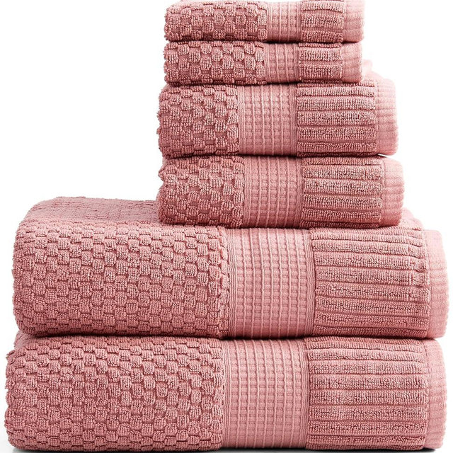 NY Loft 100% Cotton Towel Set 6 Piece | Super Soft & Absorbent Quick-Dry 2 Bath Towels 2 Hand Towels & 2 Washcloths | Textured and Durable Cotton | Premium Thick Towels | (6 Piece Set, Rose)