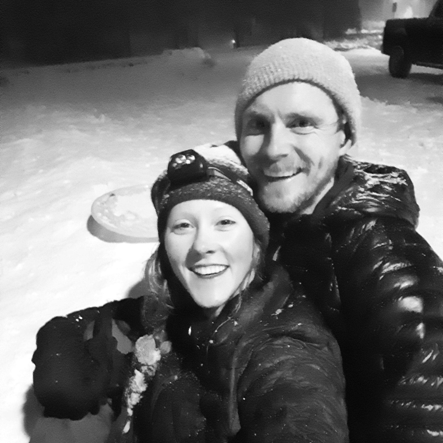 Our very first picture together. Night-time sledding, Winter 2021.