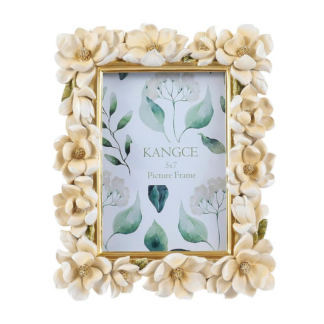 Kangce Vintage Picture Frames 5x7 Antique White and Gold Picture Frames Ornate Flower Frame for Tabletop and Wall Mount Decorative Gallery Wall Art Rustic Home Decor （5x7 inch）