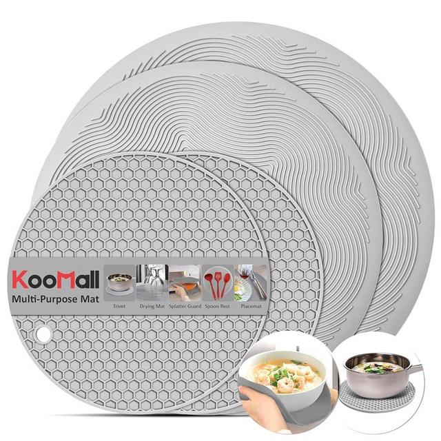 4 in 1, KooMall Trivets for Hot Dishes Pots and Pans & Multi-Purpose Microwave Mat, Silicone Hot Pads for Kitchen Counter, Quartz Countertop Hot Plates Protectors, Heat Resistant, Gray 12'' 10'' 7''