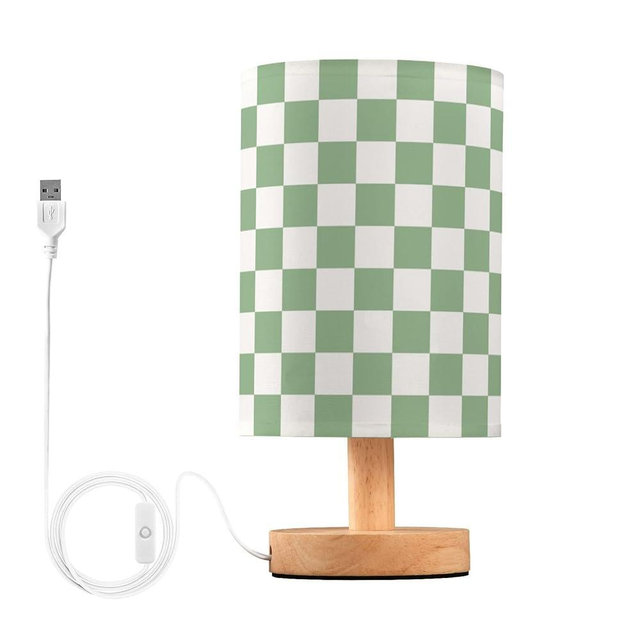 Table Lamp Green White Checkered Nightstand Lamp with Wood Base LED Bedside Shade Desk Lamp for Bedroom Living Room Dorm Office Decor