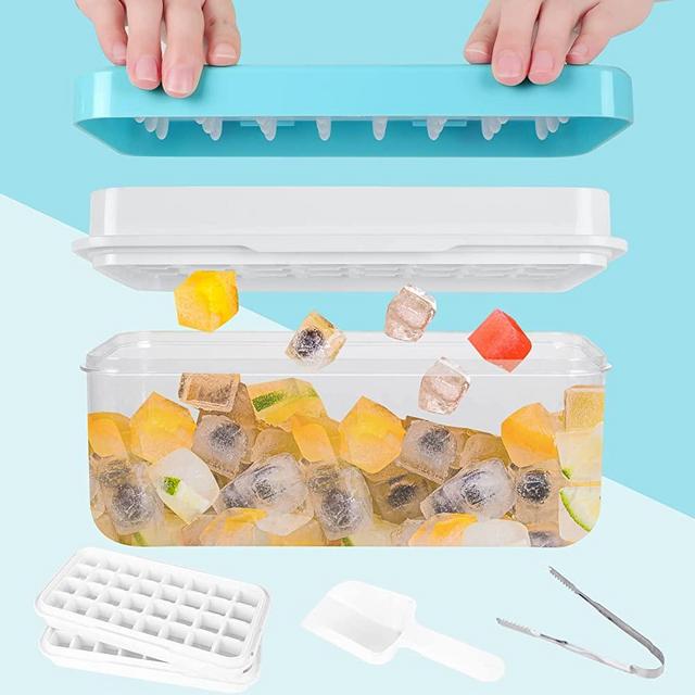 Ice Cube Tray with Lid, 2*32 Stackable Ice Trays for Freezer with Ice Bin, Scoops, Tongs, Ice Molds Press to Release All Ice Blue