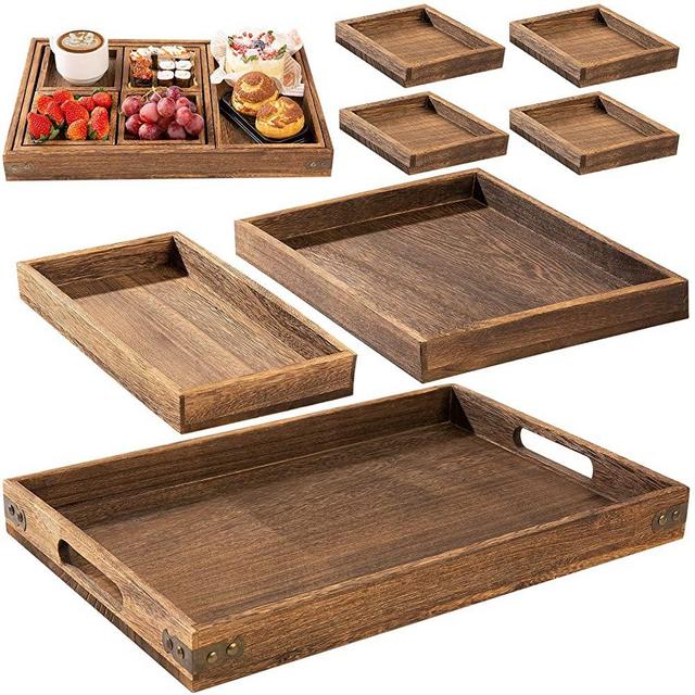 Rustic Wooden Serving Trays with Handle - Set of 7 - Large, Medium, Small and Mini - Nesting Multipurpose Trays - for Breakfast, Coffee Table/Butler & More - Light & Sturdy Paulownia Wood