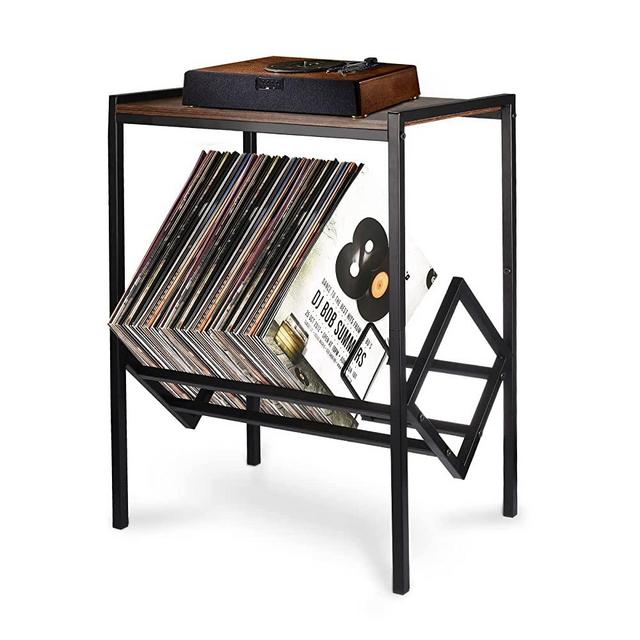 DACK Record Player Stand with Vinyl Record Holder Storage Up to 80 Albums,Turntable Stand with Matte Black Metal Legs, End Table Nightstand for Living Room Bedroom Office