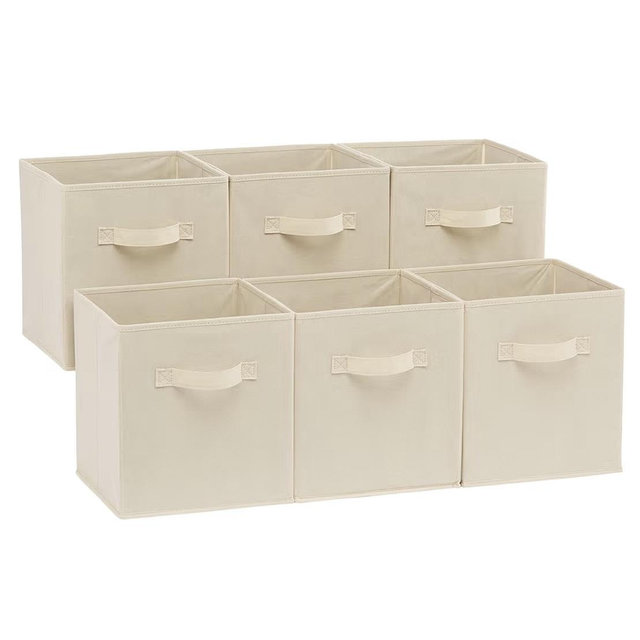 Amazon Basics Collapsible Fabric Storage Cubes Organizer with Handles, Sturdy, Beige, 10.5-x-10.5-x-11-inch, Pack of 6