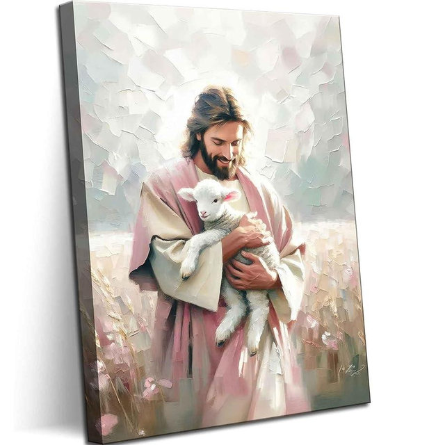 Jesus Embraces Lamb Canvas Wall Art The Lost Lamb Wall Decor Bible Stories Jesus Lamb Painting Picture God Leaving 99 Sheep Poster Prints for Bedroom Prayer Room Church Home Decoration 12X16