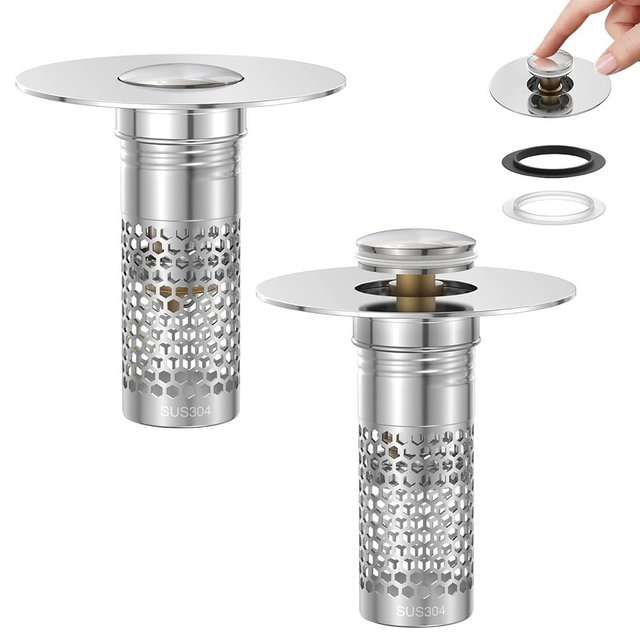 2 Pack Pop Up Bathroom Sink Drain Stoppers, Removable Sink Drain Strainer Stopper Hair Catcher with Stainless Steel Anti-Clog Filter Basket for Sinks and Drains 1.06-1.5 Inch