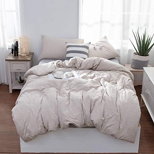 LIFETOWN Jersey Knit Cotton Duvet Cover Queen, 1 Duvet Cover and 2 Pillowcases, Simple Solid Design, Super Soft and Easy Care (Full/Queen, Light Coffee)