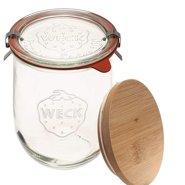 Weck Jars - Weck Tulip Jars 1 Liter - Sour Dough Starter Jars - Large Glass Jars for Sourdough - Tulip Jar with Wide Mouth - Suitable for Canning and Storage - (1 Jar, Glass Lid & Wooden Lid)
