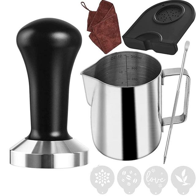 Ezebesta 51 mm Coffee Tamper Set Coffee Press for Portafilter Machine Espresso Tamper with Tamper Mat, Frothing Pitcher (350 ml), Barista Towel, Latte Art Pen and Decorative Stencils
