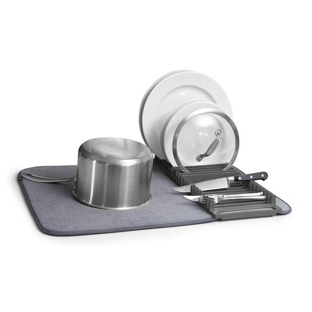 Umbra UDRY Rack and Microfiber Dish Drying Mat-Space-Saving Lightweight Design Folds Up for Easy Storage, 24 x 18 inches, Charcoal