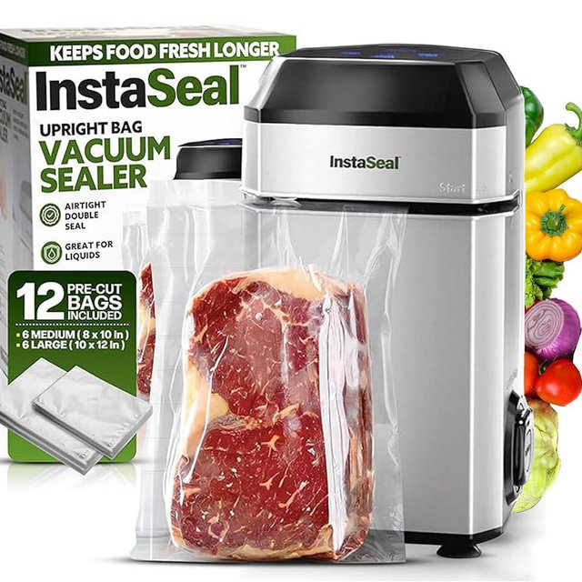 InstaSeal Food Vacuum Sealer Machine with 12 Bags, Compact Upright Food Sealer Vacuum Sealer for Food Allows to Seal Liquids, Marinades, Vegetables, Meats and More, Saver Keeps Food Fresher Longer