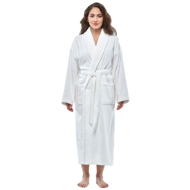 Arus Women's Turkish Terry Cotton Robe, Shawl Collar Bathrobe , White , Large/X Large
