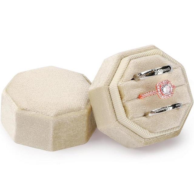 MYEBIUAI Velvet Ring Box, Premium 3 Slots Jewelry Ring Storage Gift Box Vintage Ring Display Holder Case for wedding ceremony Proposal Engagement(Ivory)