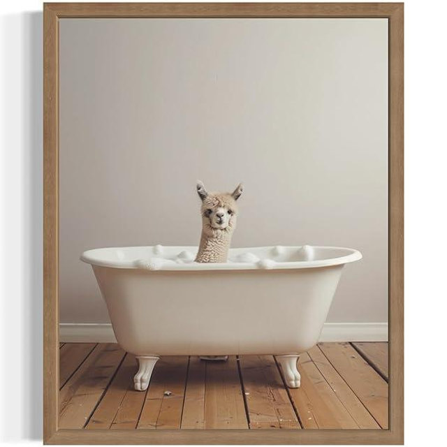 Alpaca in Bathtub Wall Art Print Poster, Bathroom Decor Posters Prints for Restroom Home Picture Painting Artwork Gallery 1 (Alpaca, 16 x 20 inches, Wood Frame)