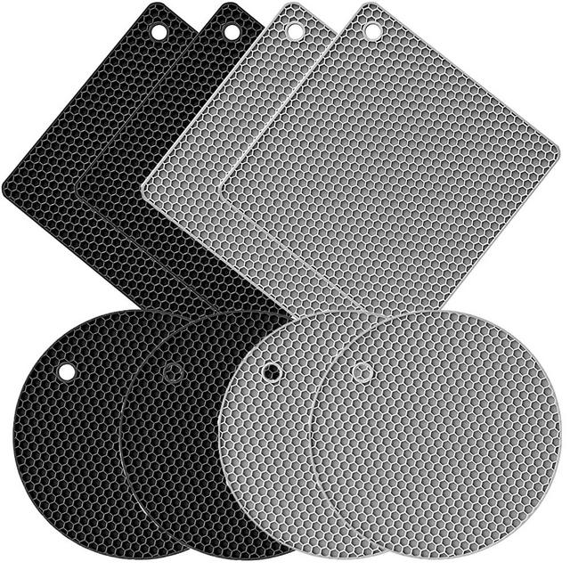 Silicone Trivet Mats, Pot Pads Silicone Pot Holders for Hot Pan Heat Resistant and Anti Slip, Easy to wash and Dry, 8 Pack Black & Gray(4 Squared + 4 Round Mats)