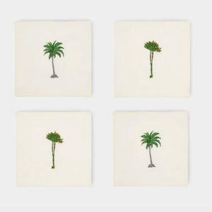 Abask Set of 4 | Palm Embroidered Linen Cocktail Napkins