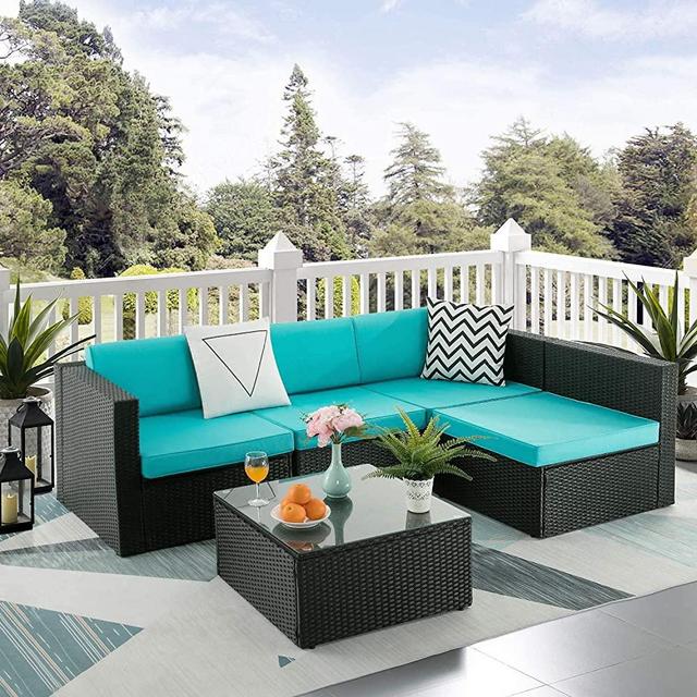 Pretzi Patio Furniture Sets Outdoor Sectional Sofa with Table All Weather Rattan Wicker Couch with Washable Cushions Conversation Set for Porch Backyard Garden Poolside Balcony (5 pcs, Light Blue)