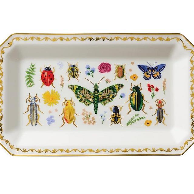 RIFLE PAPER CO. Curio Large Catchall Tray - Porcelain Storage Tray, Colored Illustrations and Metallic Gold Accents, 10" L x 6" W x 1" H, Perfect for Trinkets, Keys, Mail, and Jewelry