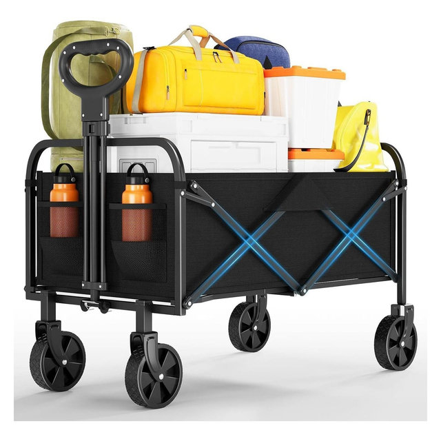 Collapsible Folding Wagons Carts, Heavy-Duty 200LBS Capacity, All-Terrain Utility Wagon with 360° Wheels, Adjustable Handle & Cup Holders