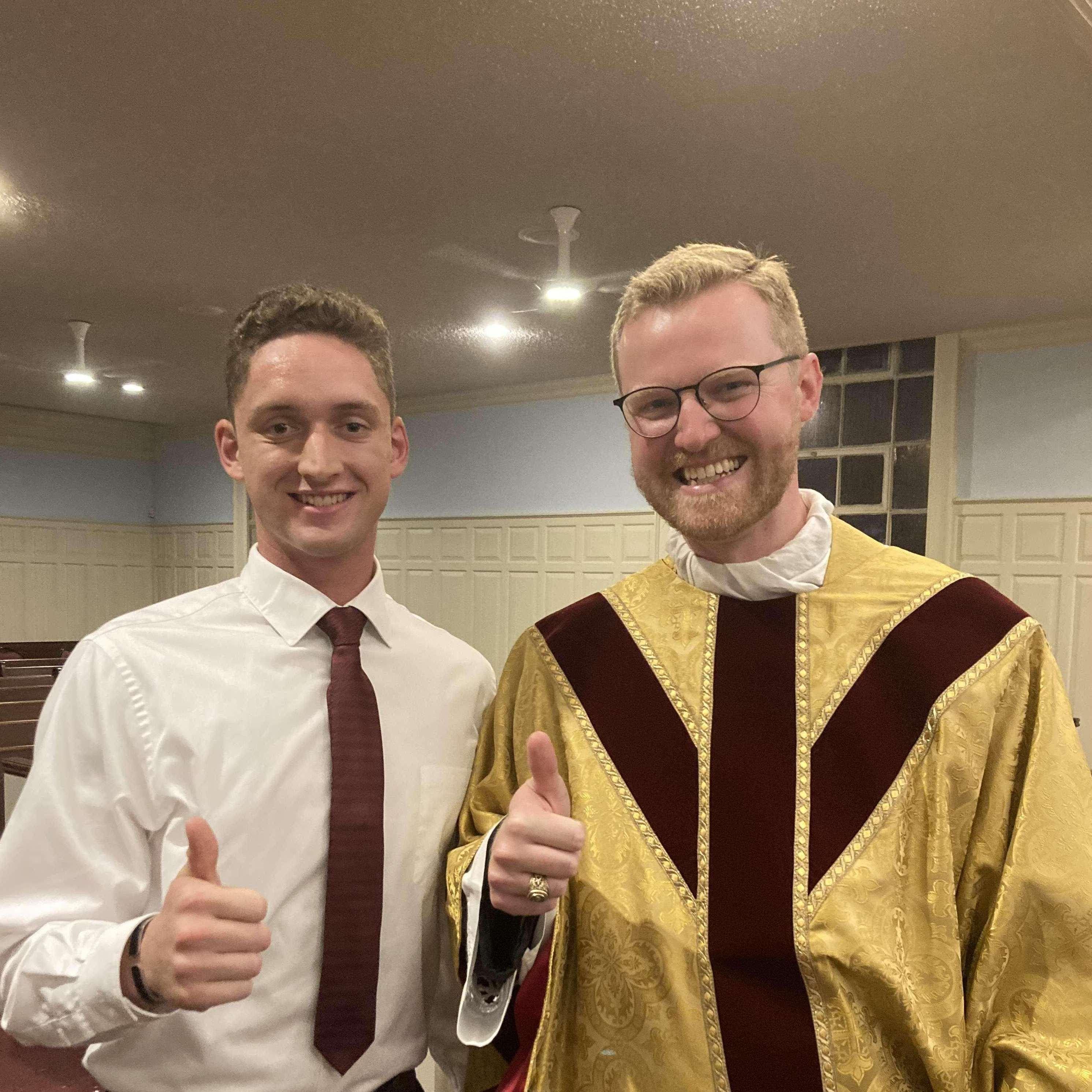 This is Nathan with Fr. Chris, an Aggie Catholic priest at St. Mary's (y'all will see him again at the ceremony)! Nathan was welcomed into the fold of the Catholic Church on April 4, 2021.