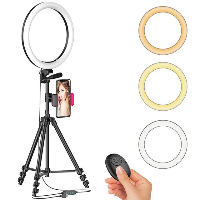 12" LED Selfie Ring Light with Tripod Stand & Cellphone Holder for Live Stream/Makeup/YouTube Video, Dimmable Beauty Ringlight, Color Temperature 3000K-6000K, 168Bulbs, Remote