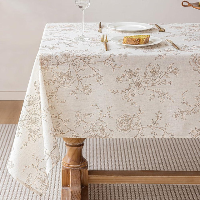 Meikelor Floral Linen Table Cloth 55 x 72 inch Wrinkle Resistant Vintage Farmhouse Tablecloth 6 FT Brown Pattern Printed on Cream Tablecloth Rectangle Cottage Burlap Fabric Table Cover Home Decor